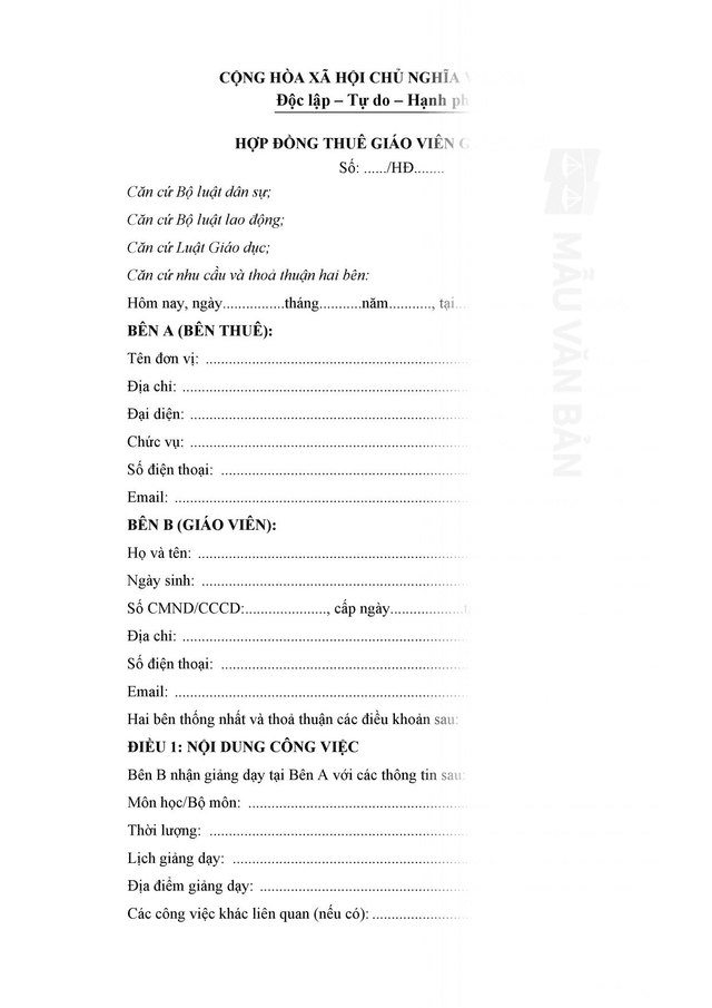 Mẫu hợp đồng thuê giáo viên giảng dạy