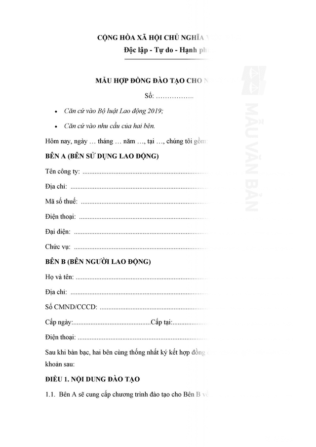 Mẫu hợp đồng đào tạo cho nhân viên