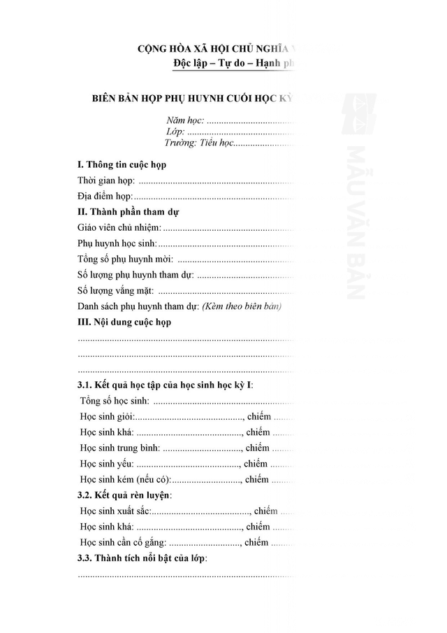 Mẫu biên bản họp phụ huynh cuối học kỳ I