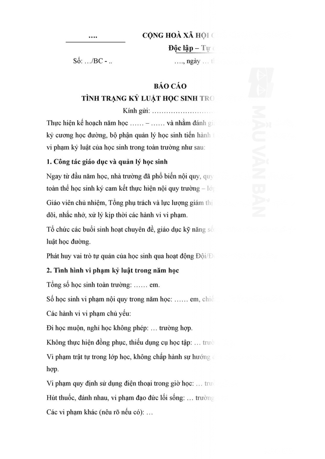 Báo cáo tình trạng kỷ luật học sinh trong trường