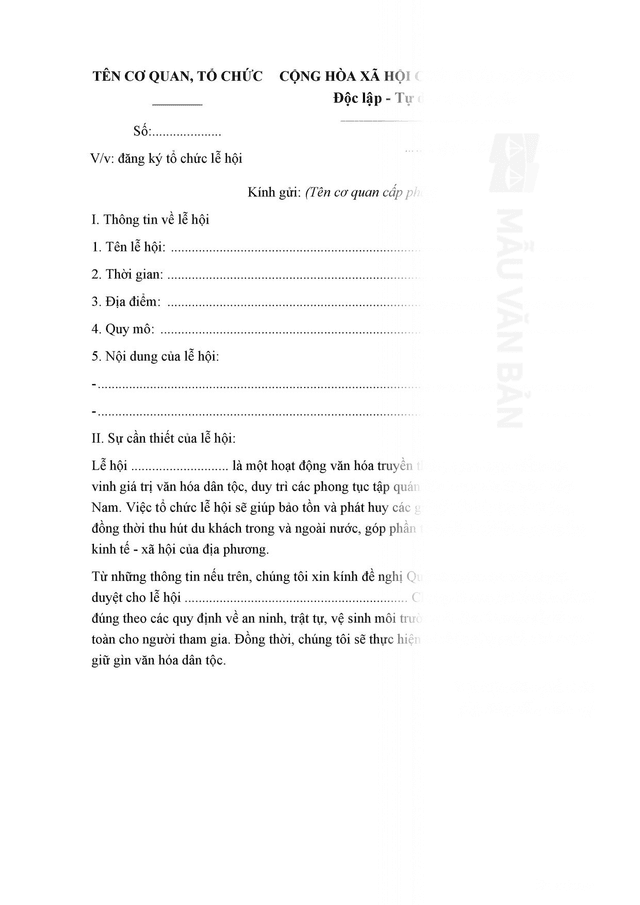 Văn bản đăng ký tổ chức lễ hội cấp trung ương