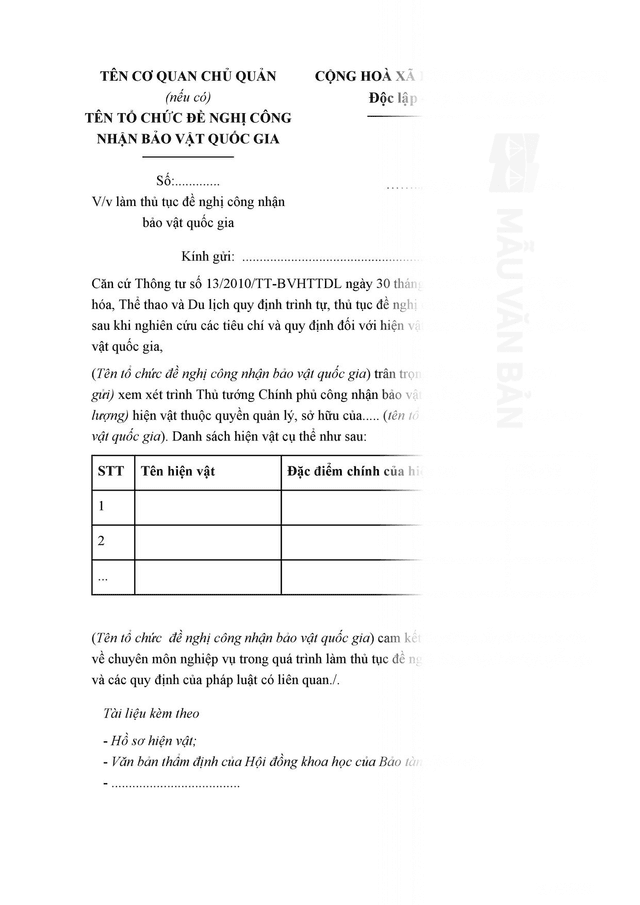 Văn bản đề nghị công nhận bảo vật quốc gia