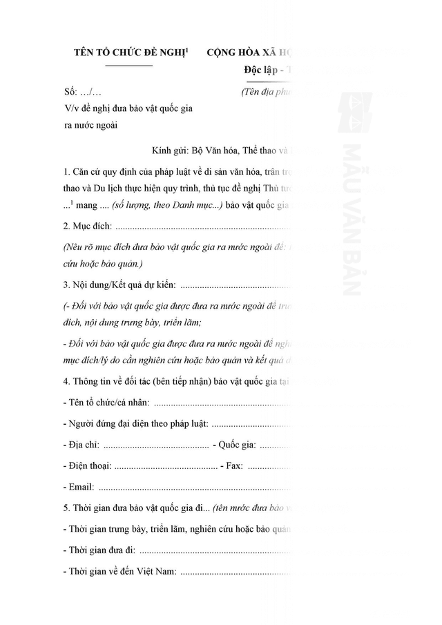 Văn bản đề nghị đề nghị đưa bảo vật quốc gia ra nước ngoài