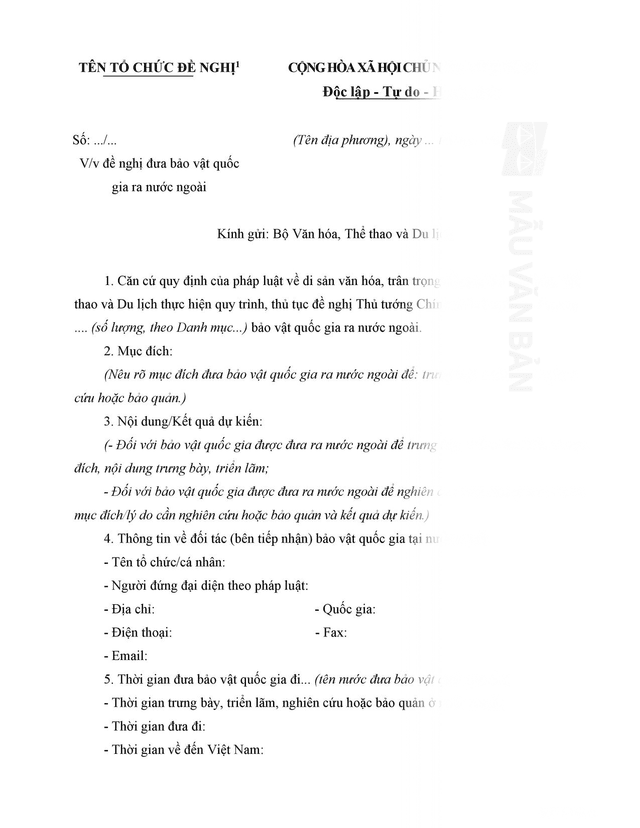 Văn bản đề nghị đưa bảo vật quốc gia thuộc bảo tàng cấp tỉnh ra nước ngoài theo chương trình hợp tác quốc tế