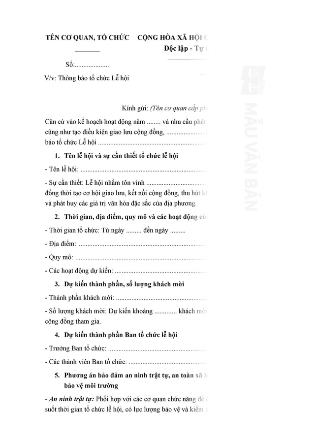 Văn bản thông báo tổ chức lễ hội cấp trung ương