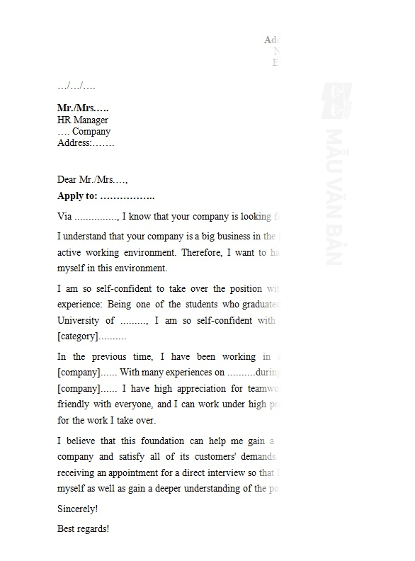 Thư xin việc bằng tiếng anh mẫu - tải ngay