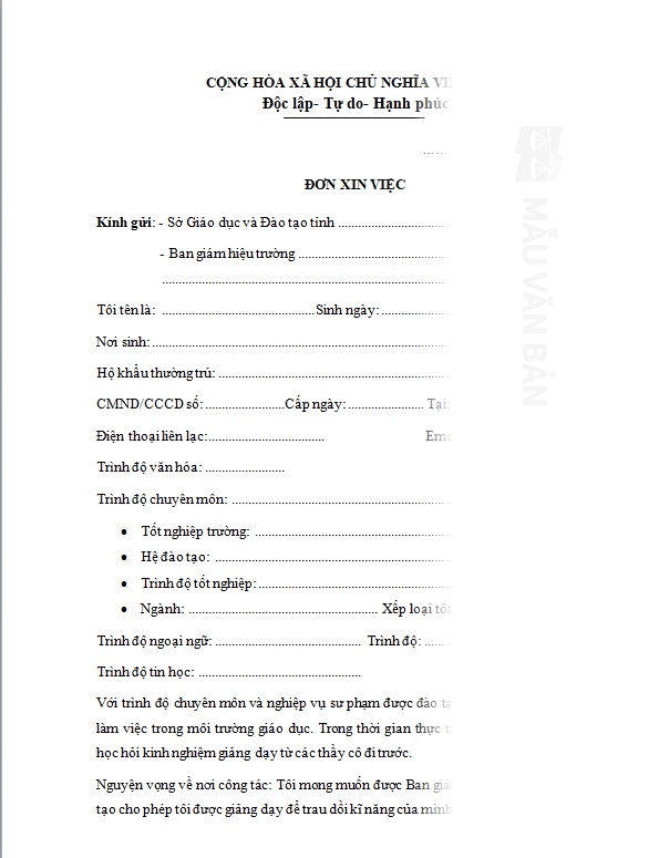 Đơn xin việc giáo viên