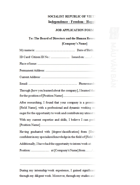 Đơn xin việc bằng tiếng anh