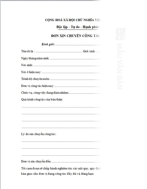 Đơn xin chuyển công tác