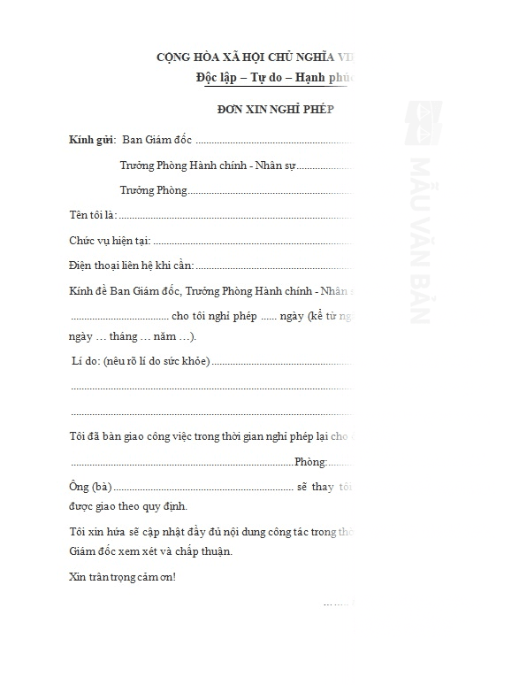 Đơn xin phép nghỉ ốm