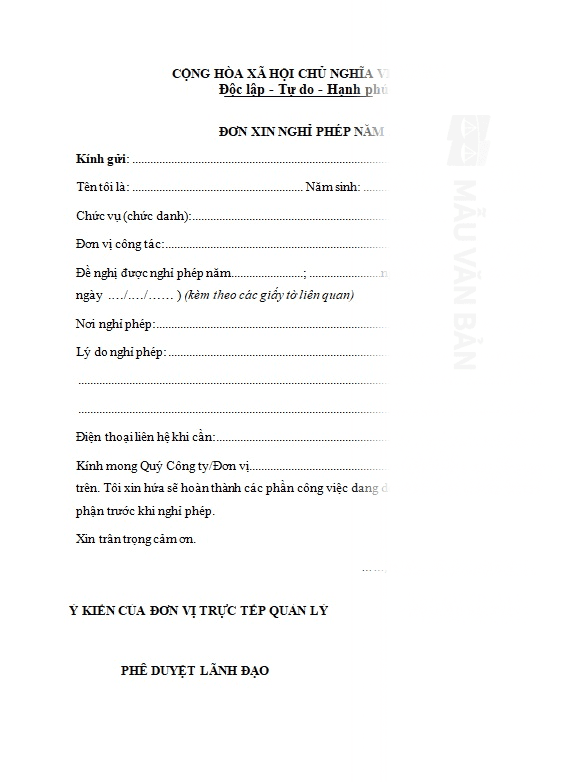 Mẫu đơn xin nghỉ phép năm