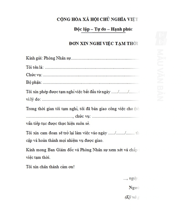 Đơn xin nghỉ việc tạm thời