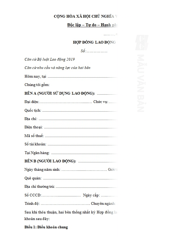 Mẫu hợp đồng lao động