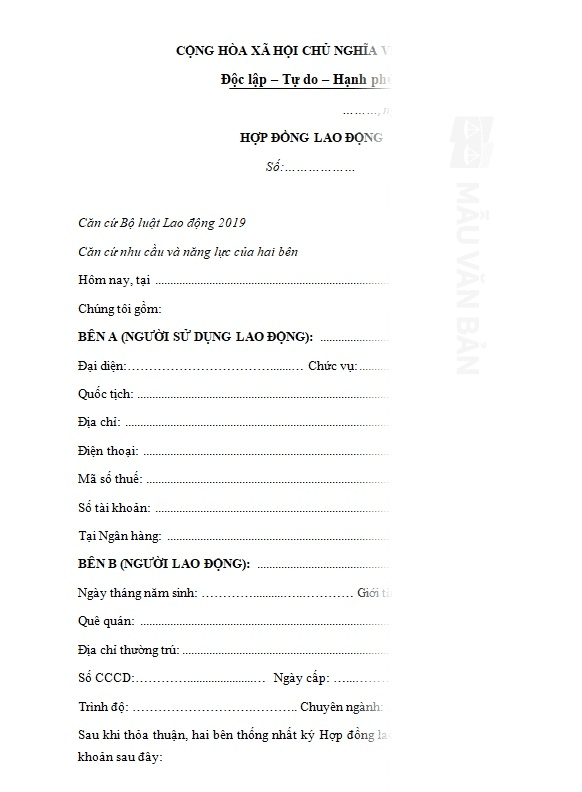 Mẫu hợp đồng lao động chính thức