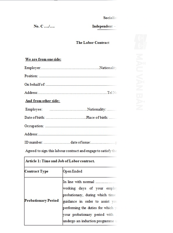 Mẫu hợp đồng lao động tiếng Anh