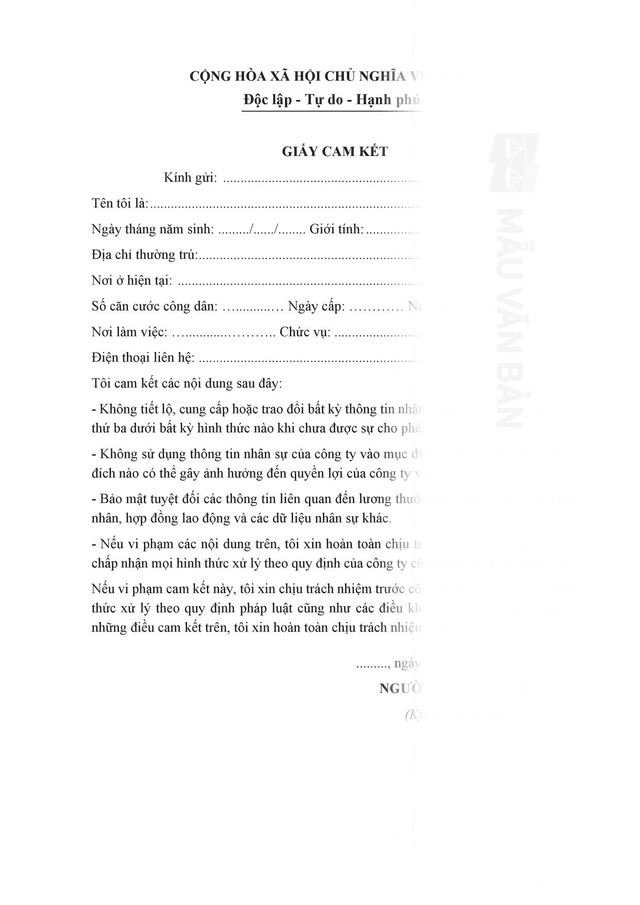 Giấy cam kết bảo mật thông tin nhân sự