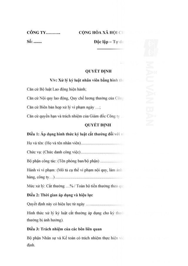 Quyết định xử lý kỷ luật bằng cách cắt thưởng