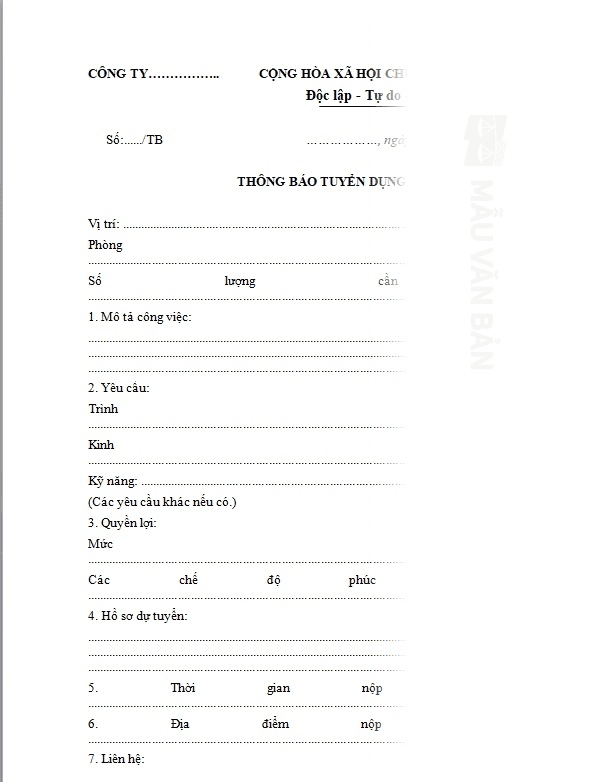 Mẫu thông báo tuyển dụng