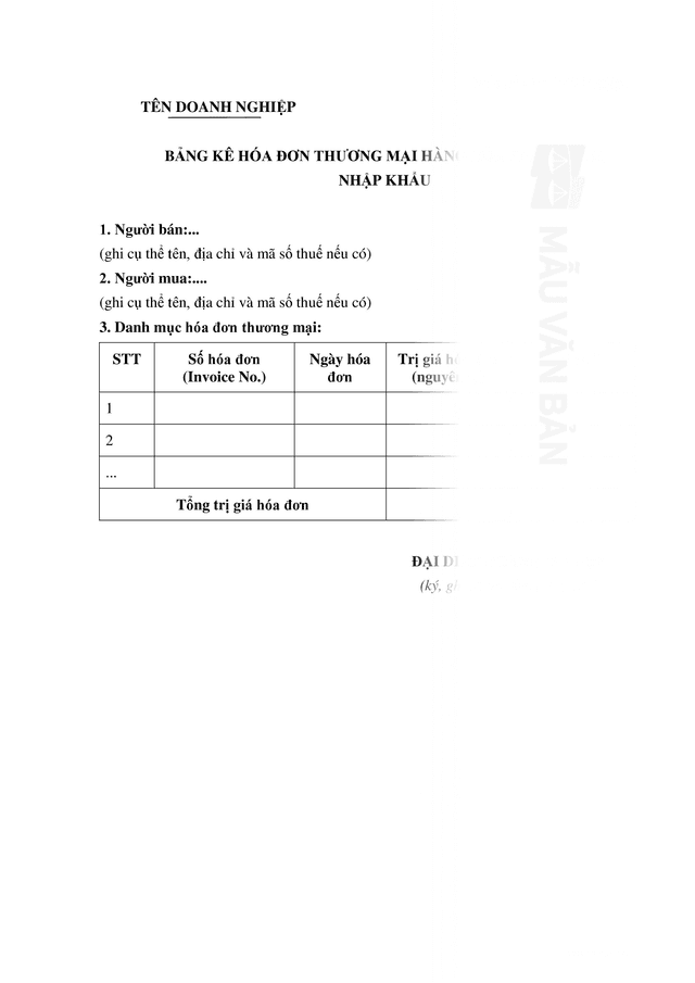 Bảng kê hóa đơn thương mại hàng hóa xuất khẩu