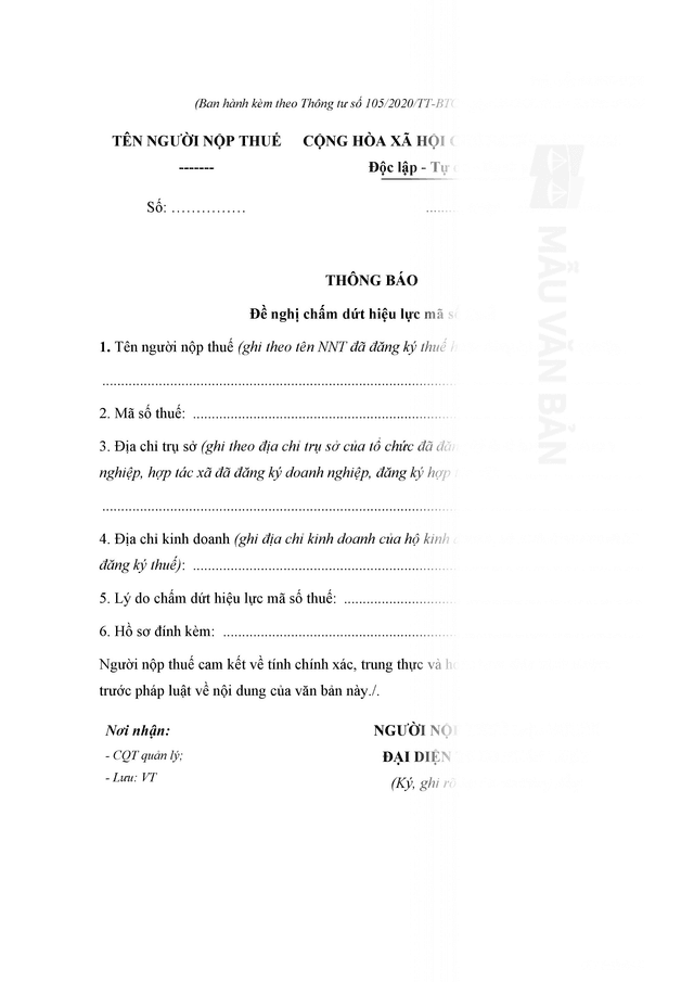 Mẫu đơn xin hủy mã số thuế cá nhân