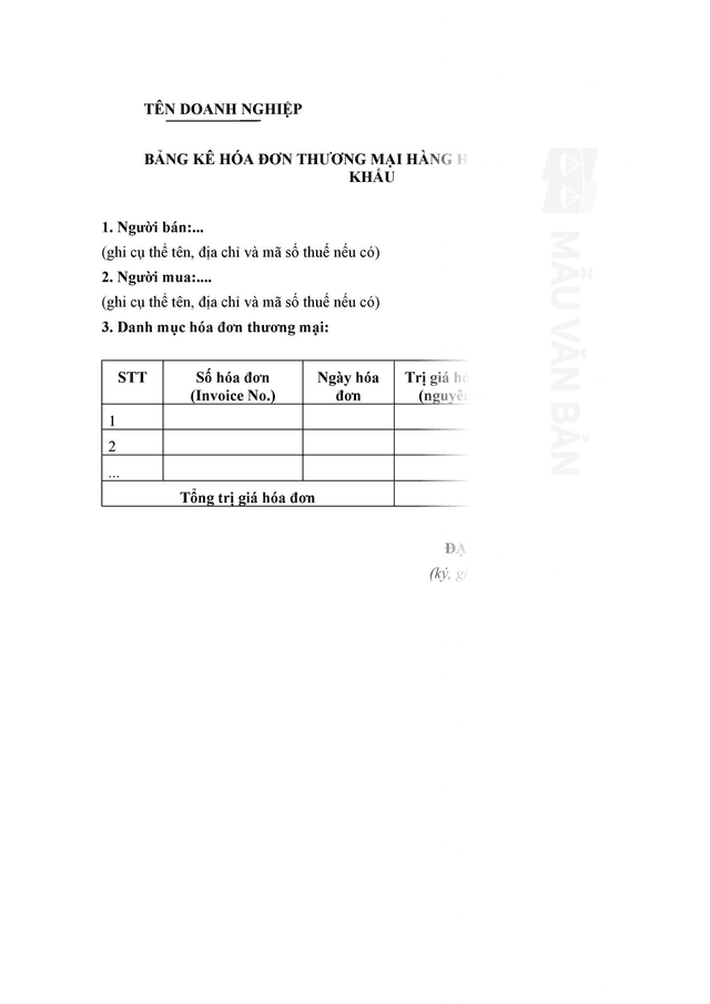 Bảng kê hóa đơn thương mại hàng hóa xuất khẩu, nhập khẩu