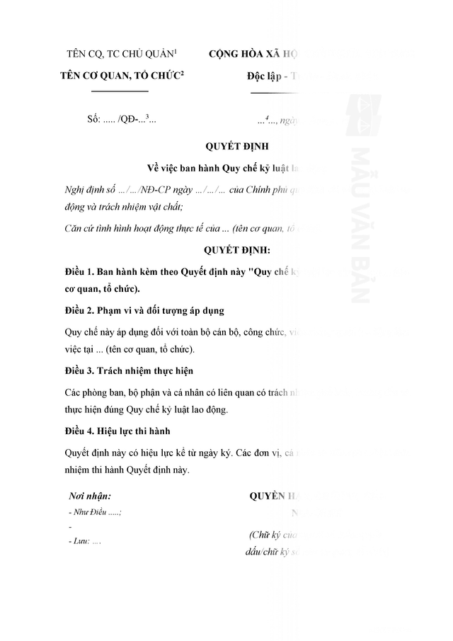 Mẫu quyết định ban hành quy chế kỷ luật lao động
