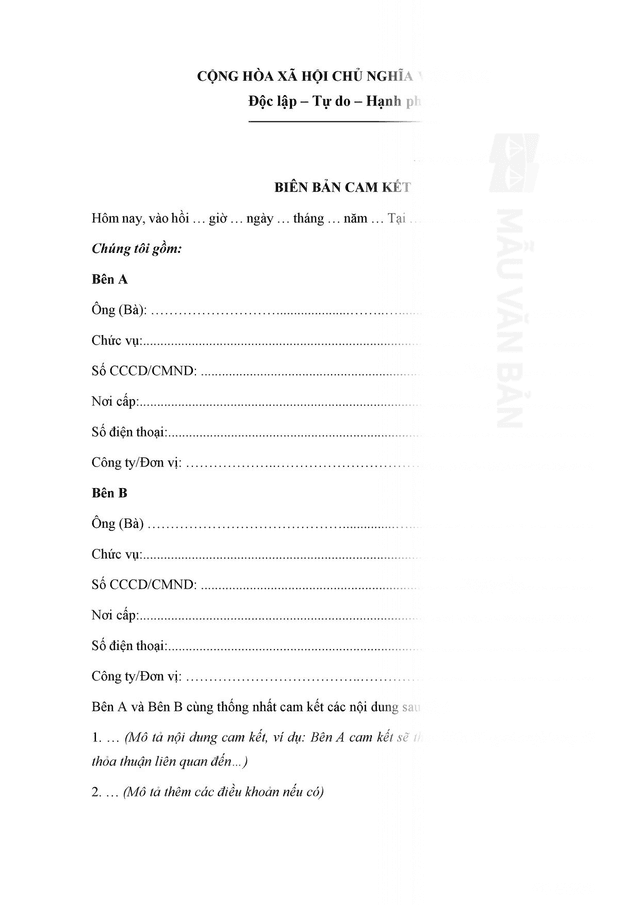 Mẫu Biên bản cam kết
