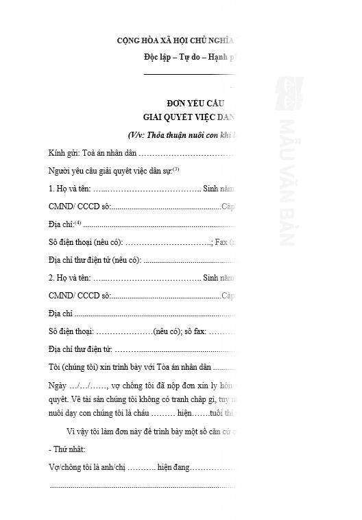 Mẫu đơn khởi kiện giành quyền nuôi con sau khi ly hôn