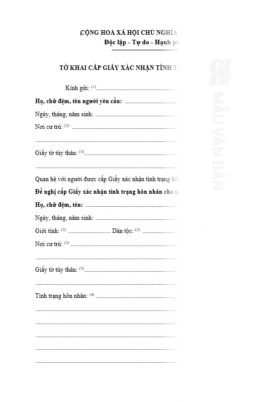 Đơn xin xác nhận tình trạng độc thân