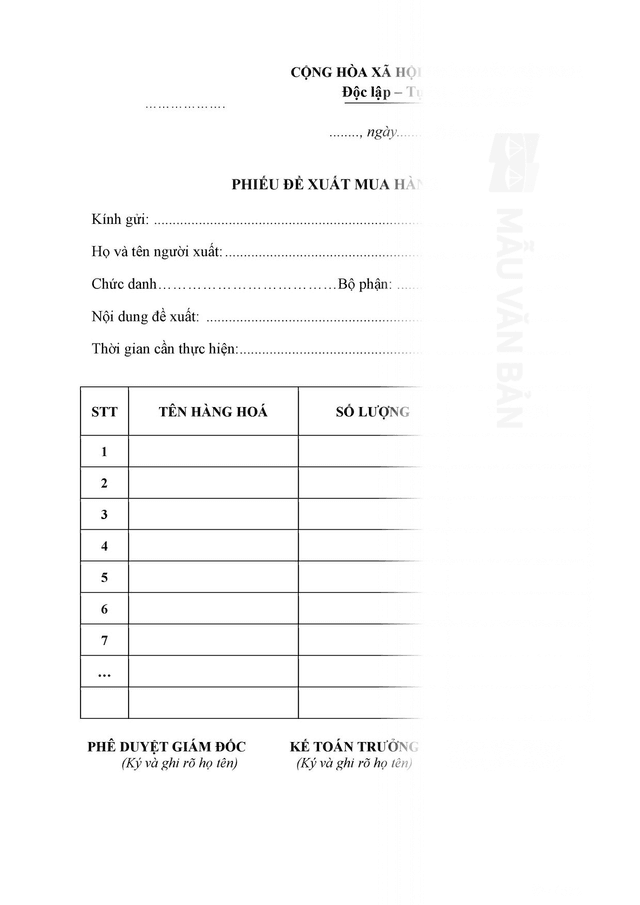 Phiếu đề xuất mua hàng