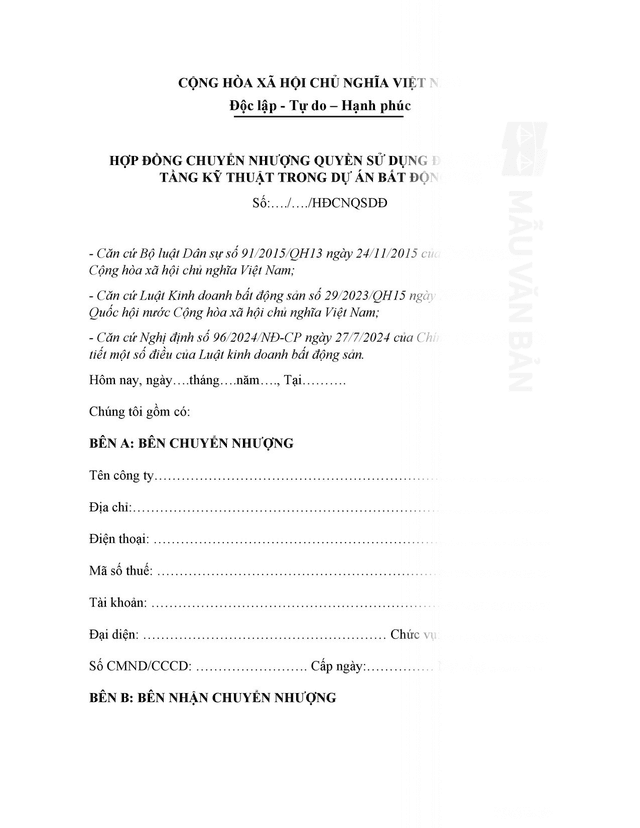 Hợp đồng chuyển nhượng quyền sử dụng đất đã có hạ tầng kĩ thuật trong dự án bất động sản