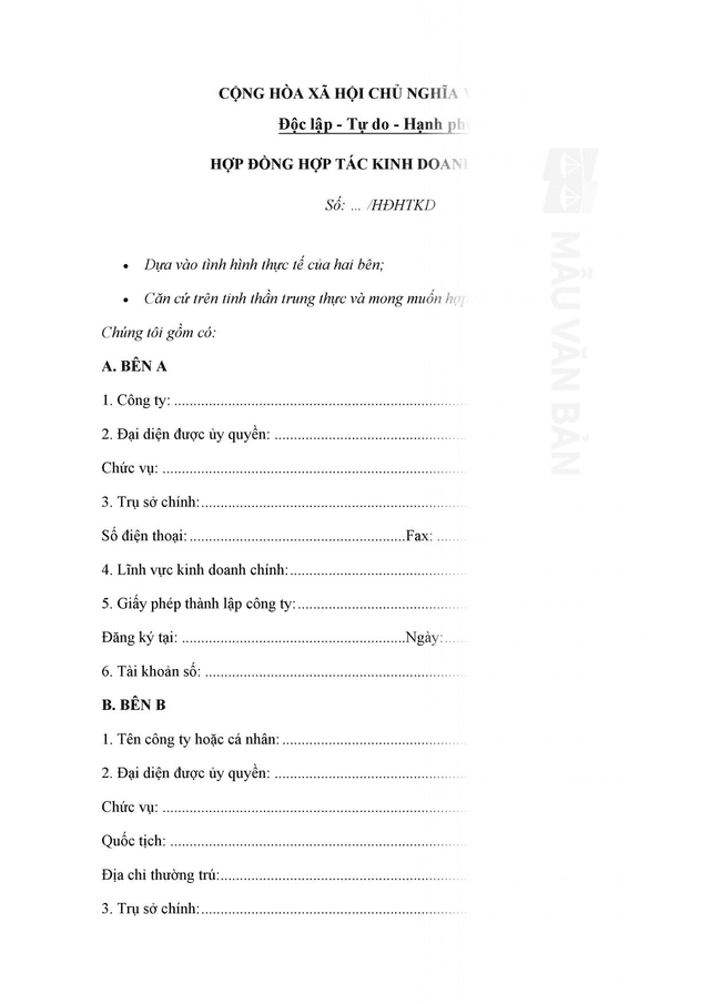 Mẫu hợp đồng hợp tác kinh doanh cá nhân