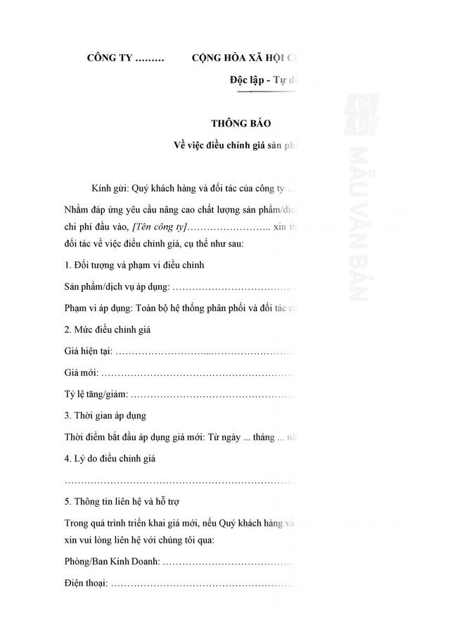 Mẫu thông báo điều chỉnh giá