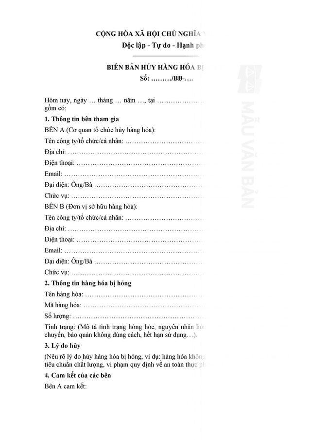 Mẫu biên bản hủy hàng hóa bị hỏng