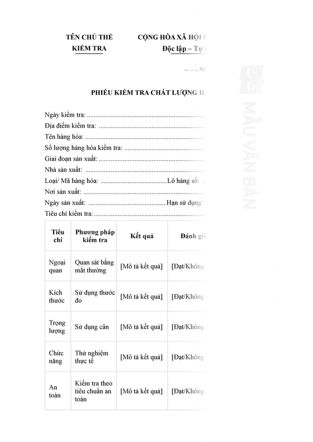 Mẫu phiếu kiểm tra chất lượng hàng hóa