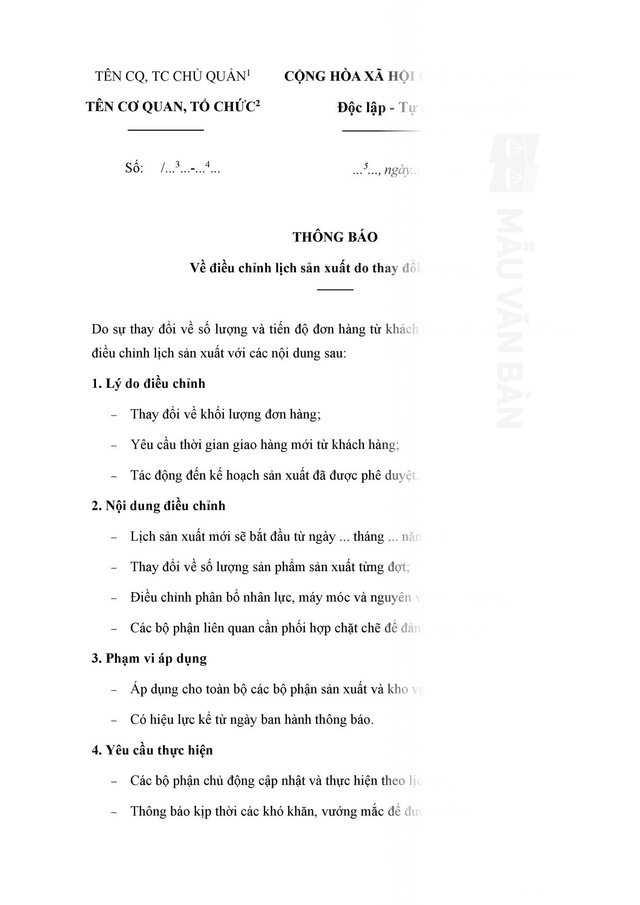 Thông báo về điều chỉnh lịch sản xuất do thay đổi đơn hàng