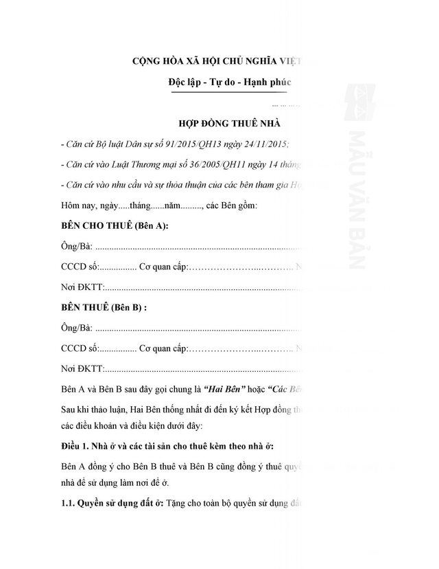 Mẫu hợp đồng thuê nhà
