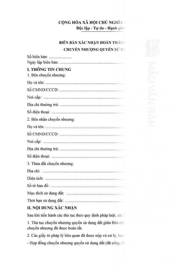 Biên bản xác nhận hoàn thành thủ tục chuyển nhượng quyền sử dụng đất