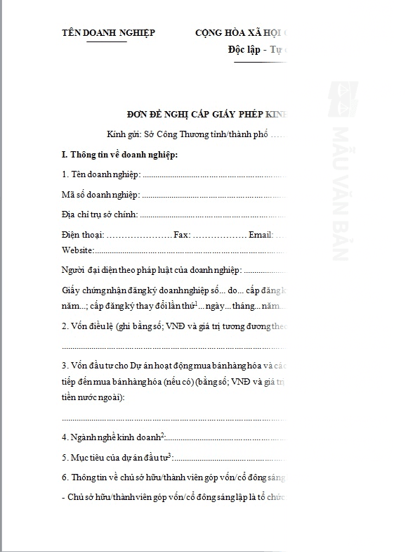 Đơn đề nghị cấp giấy phép kinh doanh