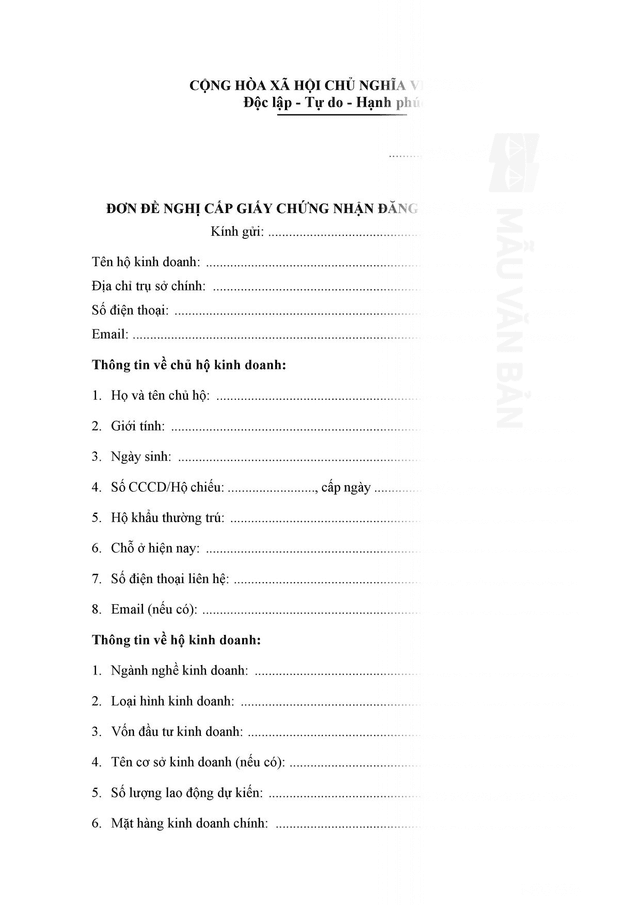 Đơn đề nghị cấp Giấy chứng nhận đăng ký hộ kinh doanh