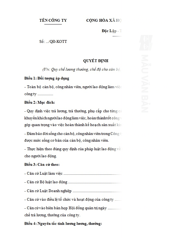 Mẫu quy chế lương thưởng của công ty