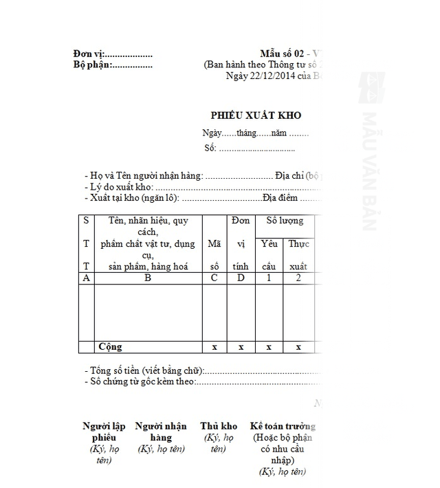 Mẫu phiếu xuất kho