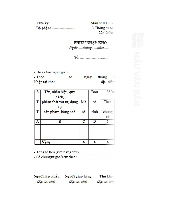 Phiếu nhập kho