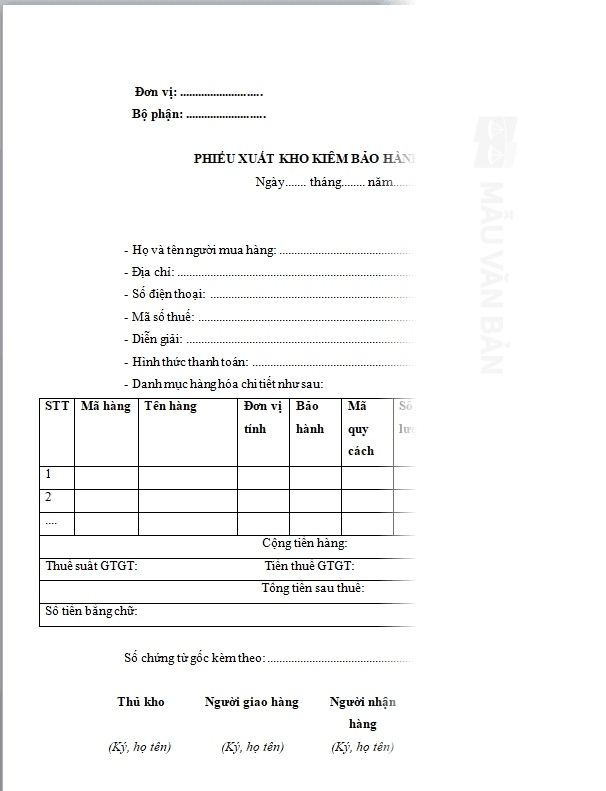 Mẫu phiếu xuất kho kèm bảo hành
