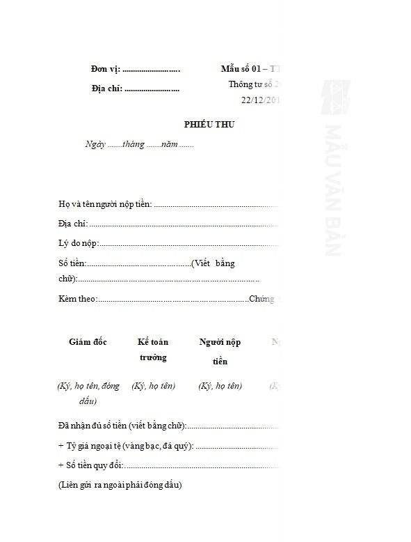 Mẫu phiếu thu