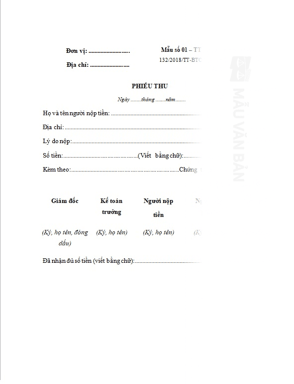 Mẫu phiếu thu góp vốn bằng tiền mặt