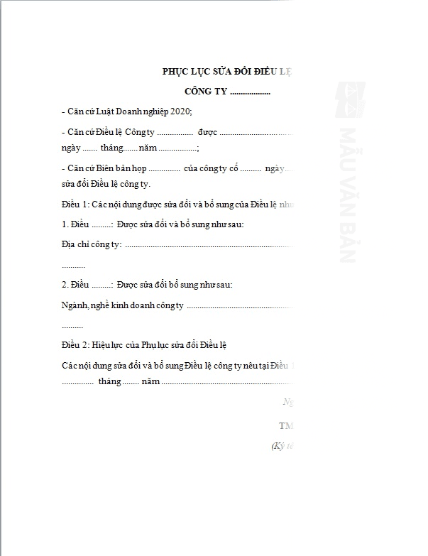 Mẫu sửa đổi vốn điều lệ công ty