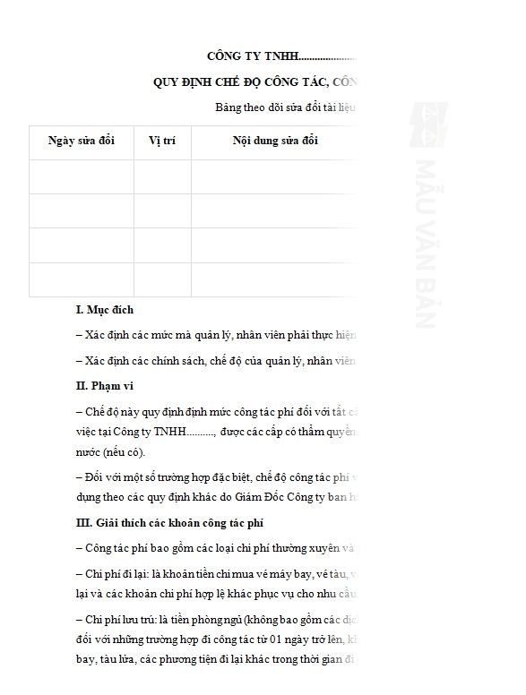 Mẫu quy chế công tác phí trong doanh nghiệp