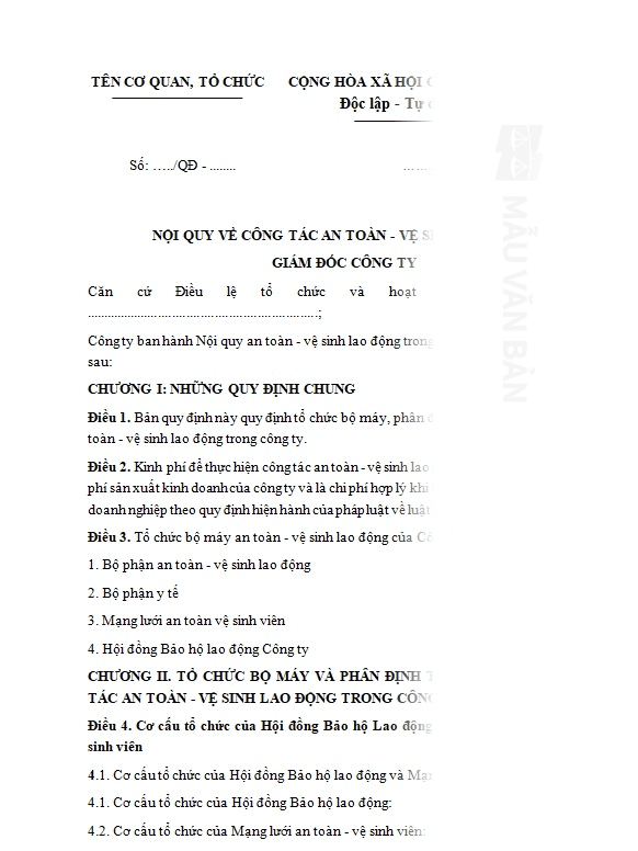 Mẫu nội quy an toàn lao động