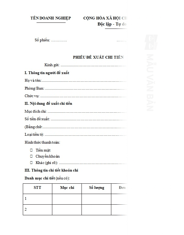 Mẫu phiếu đề xuất chi tiền